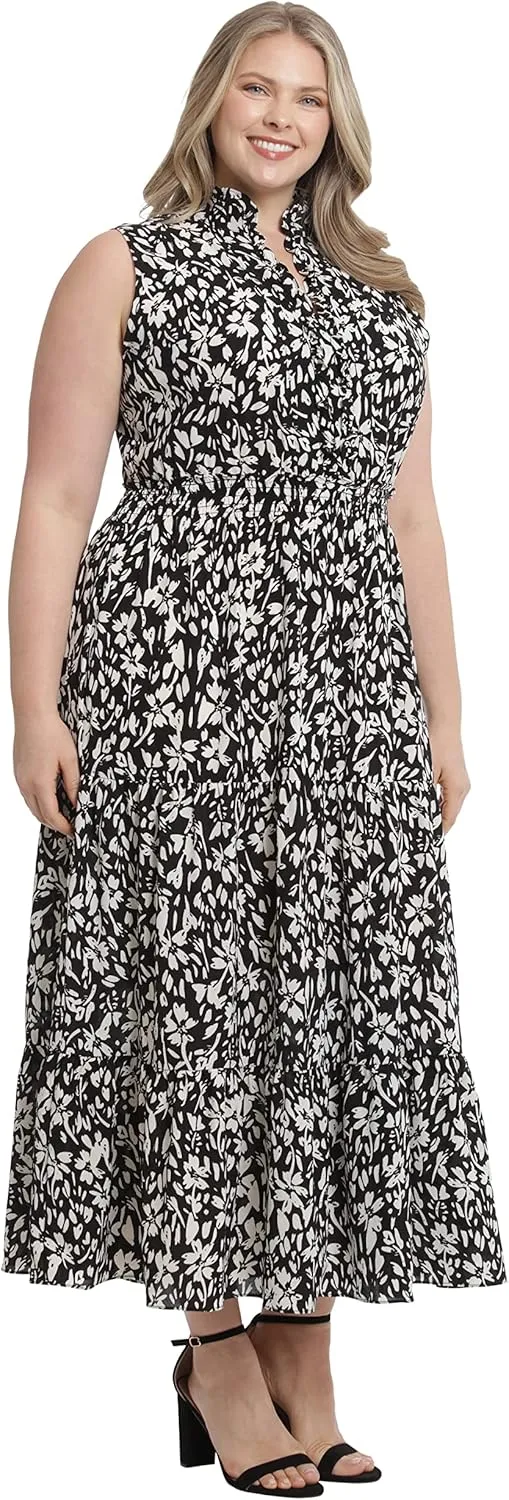 London Times Women's Easy Feminine Versatile Smocked Waist Ruffle Neckline