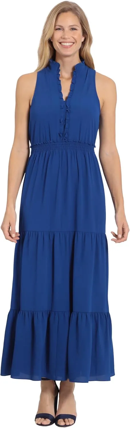 London Times Women's Easy Feminine Versatile Smocked Waist Ruffle Neckline