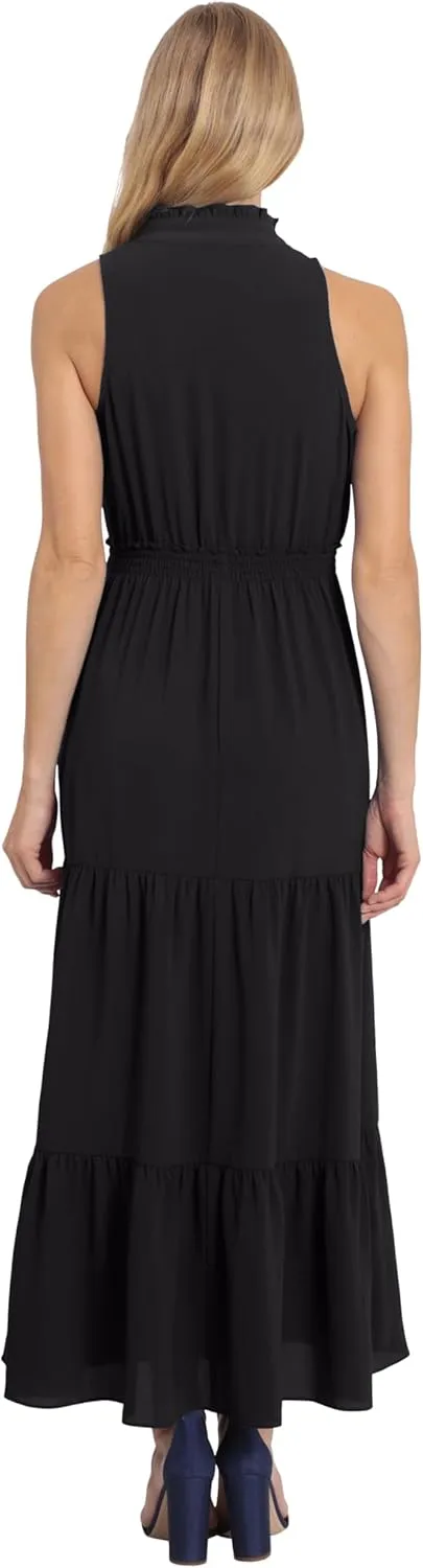 London Times Women's Easy Feminine Versatile Smocked Waist Ruffle Neckline