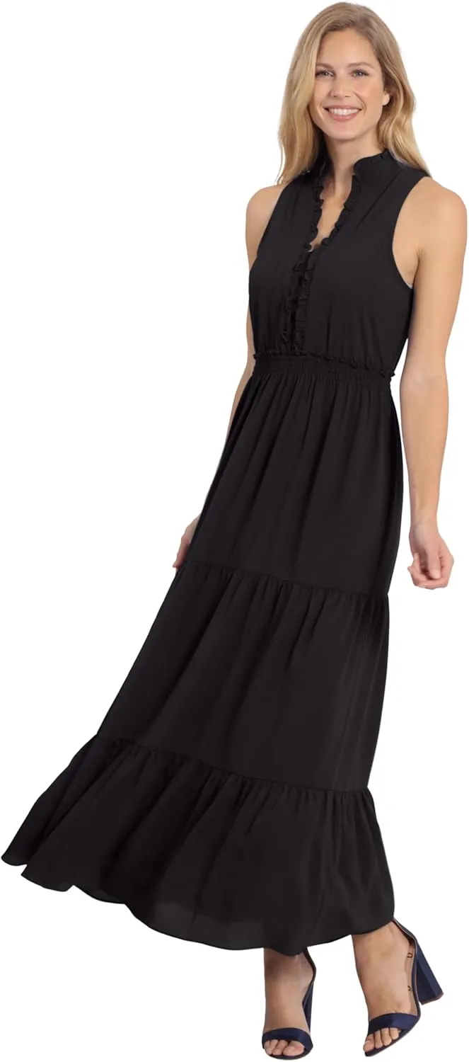 London Times Women's Easy Feminine Versatile Smocked Waist Ruffle Neckline