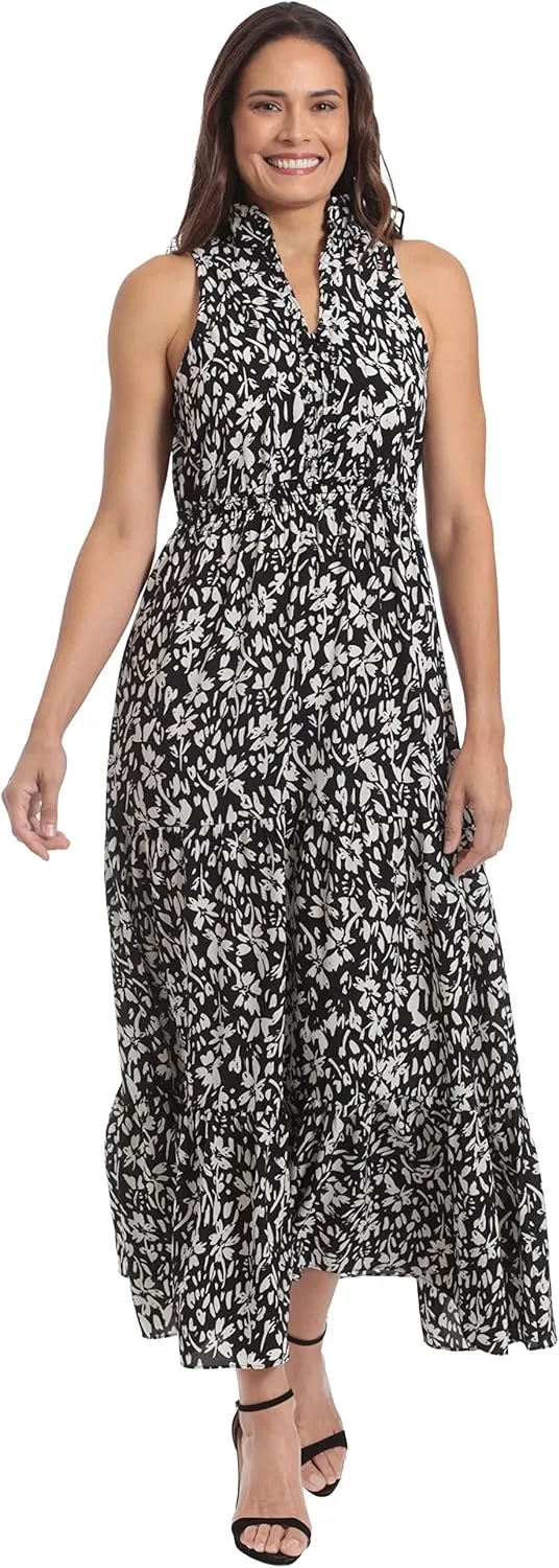 London Times Women's Easy Feminine Versatile Smocked Waist Ruffle Neckline
