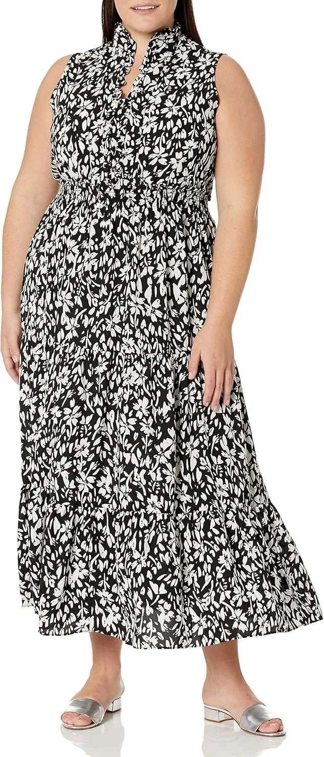 London Times Women's Easy Feminine Versatile Smocked Waist Ruffle Neckline