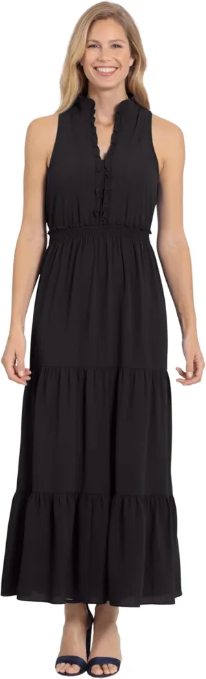 London Times Women's Easy Feminine Versatile Smocked Waist Ruffle Neckline