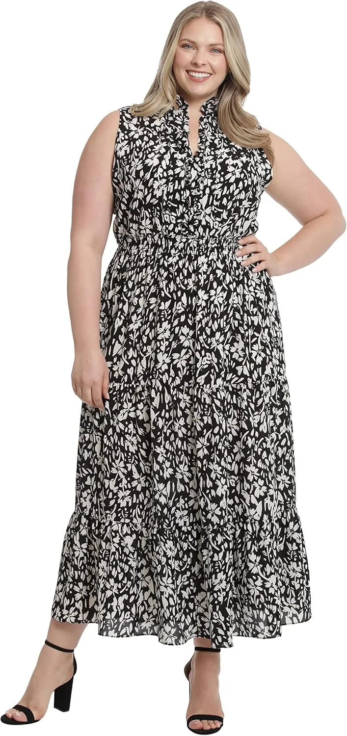 London Times Women's Easy Feminine Versatile Smocked Waist Ruffle Neckline