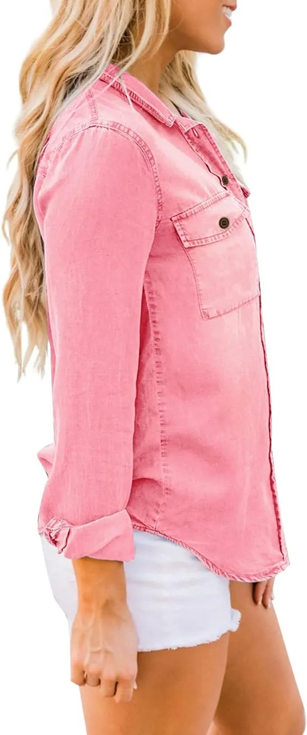 luvamia Denim Shirt Women Chambray Jean Western Shirts Long Sleeve Button Down Tops