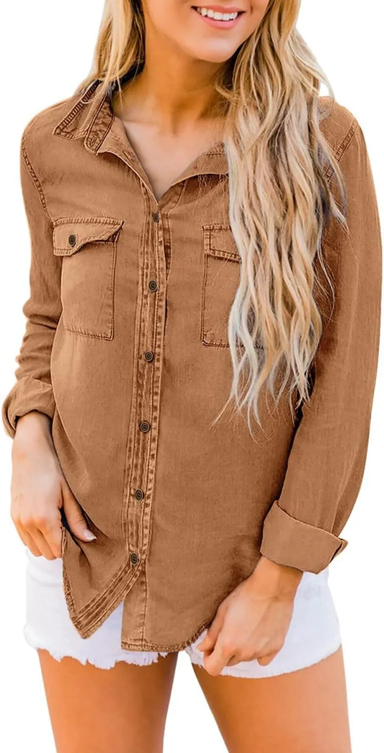 luvamia Denim Shirt Women Chambray Jean Western Shirts Long Sleeve Button Down Tops