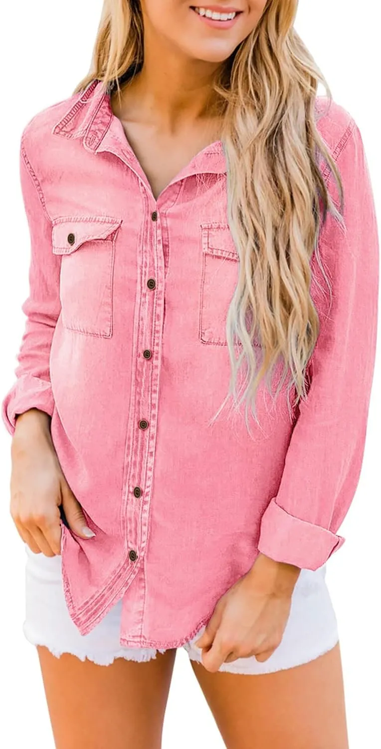 luvamia Denim Shirt Women Chambray Jean Western Shirts Long Sleeve Button Down Tops