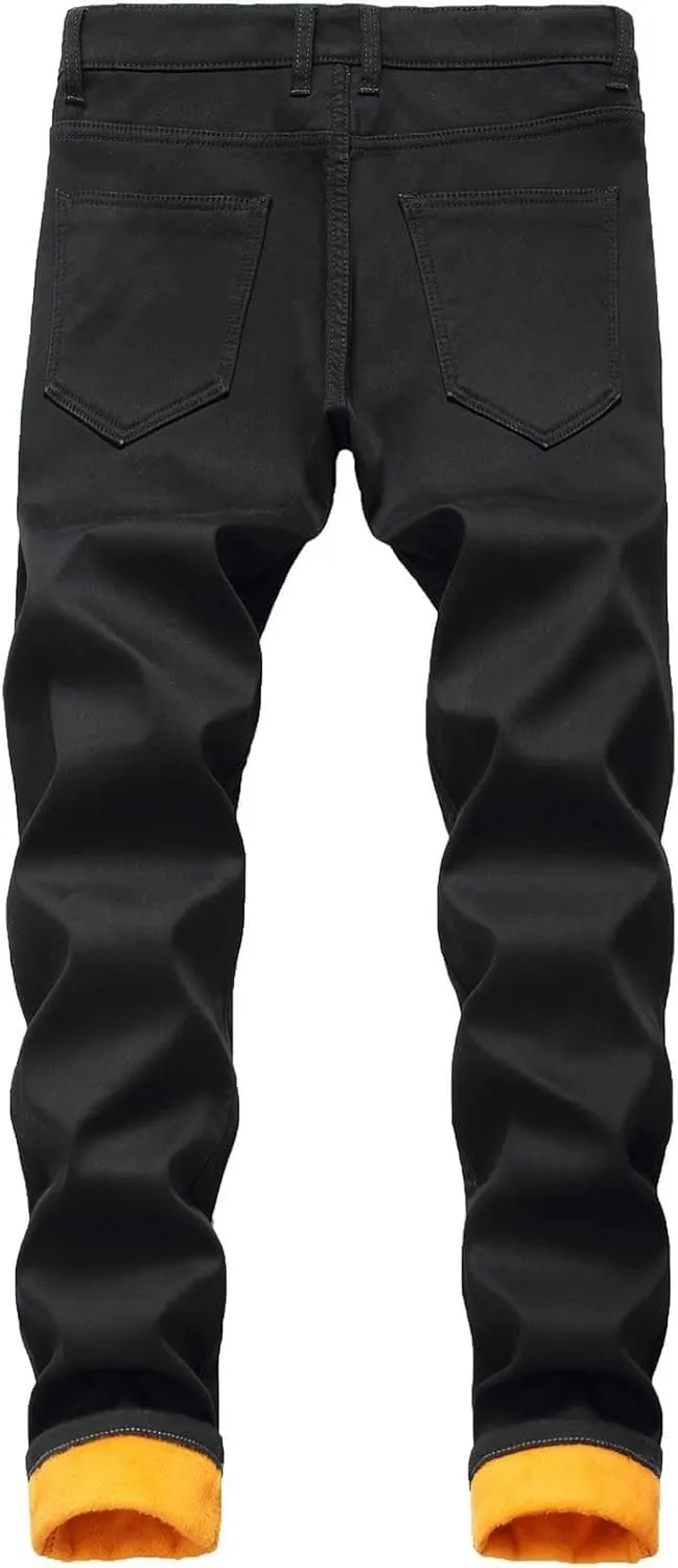 Maiyifu-GJ Men's Warm Winter Fleece Lined Jeans Slim Fit Thicken Denim Pants Stretch Skinny Straight Leg Jean Trousers