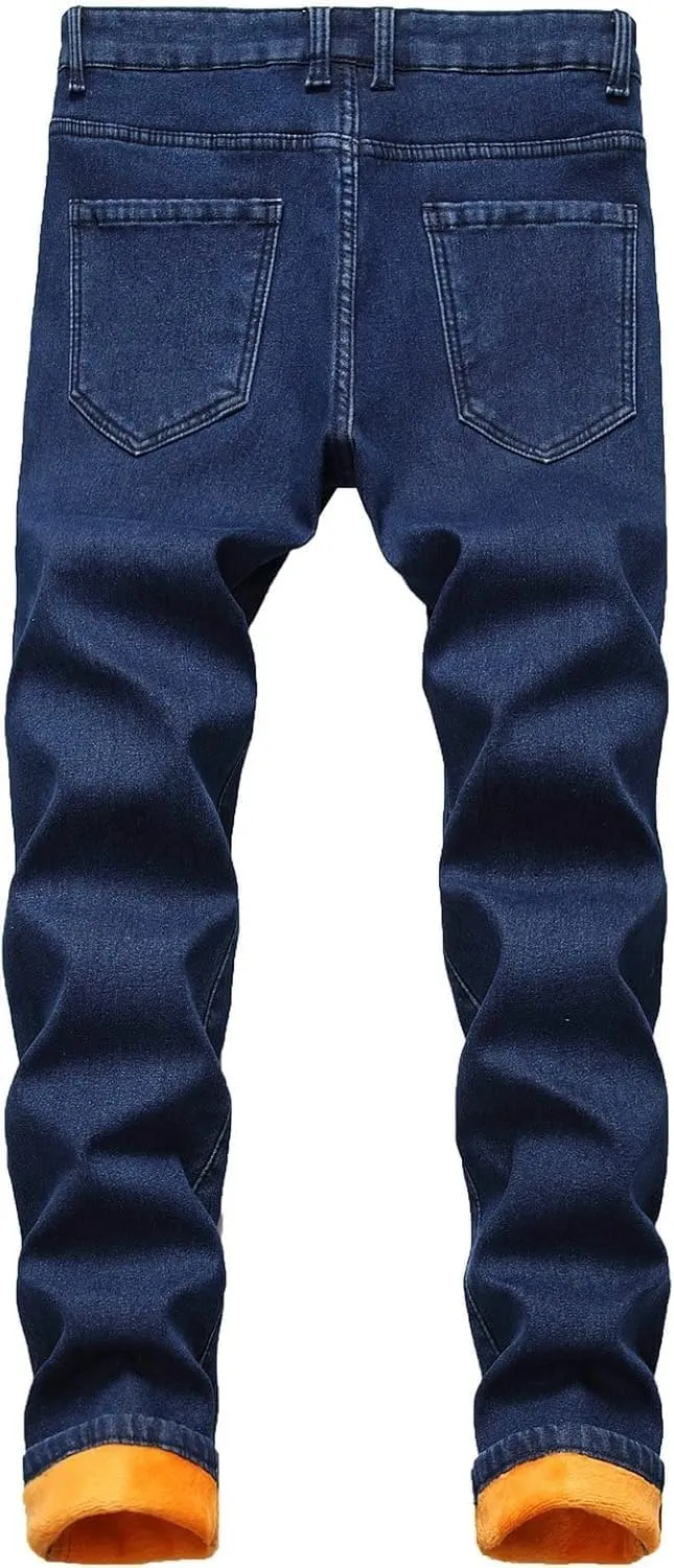 Maiyifu-GJ Men's Warm Winter Fleece Lined Jeans Slim Fit Thicken Denim Pants Stretch Skinny Straight Leg Jean Trousers