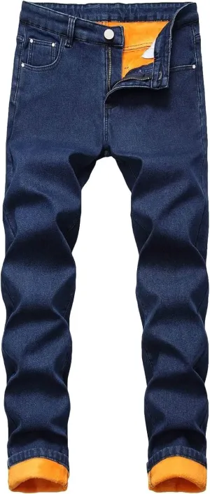 Maiyifu-GJ Men's Warm Winter Fleece Lined Jeans Slim Fit Thicken Denim Pants Stretch Skinny Straight Leg Jean Trousers