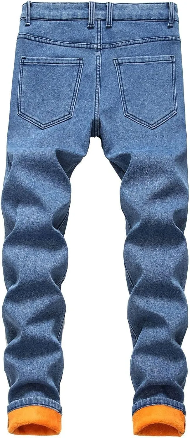 Maiyifu-GJ Men's Warm Winter Fleece Lined Jeans Slim Fit Thicken Denim Pants Stretch Skinny Straight Leg Jean Trousers