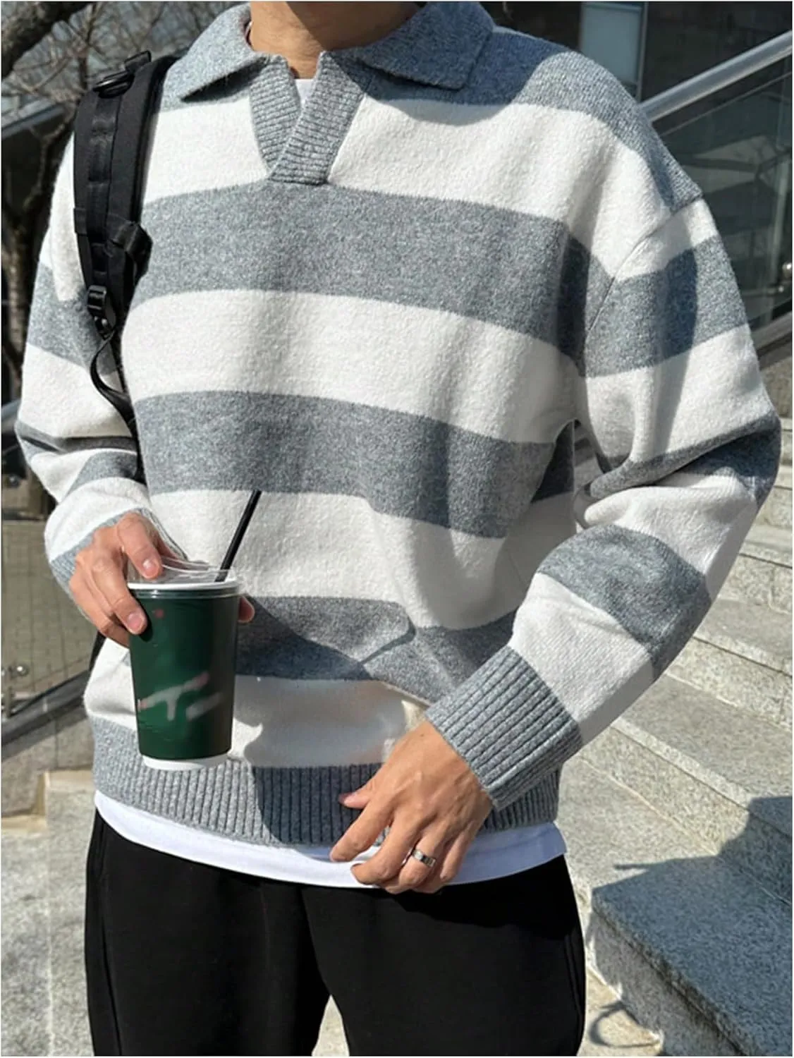 MakeMeChic Men's Striped Sweater Long Sleeve Notched Colorblock Loose Knit Pullovers