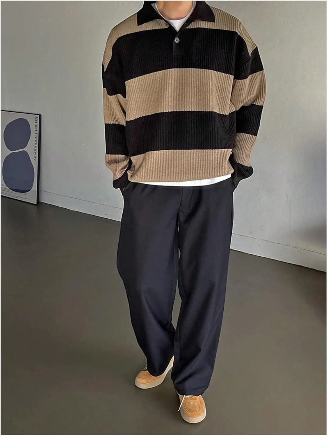 MakeMeChic Men's Striped Sweater Long Sleeve Notched Colorblock Loose Knit Pullovers