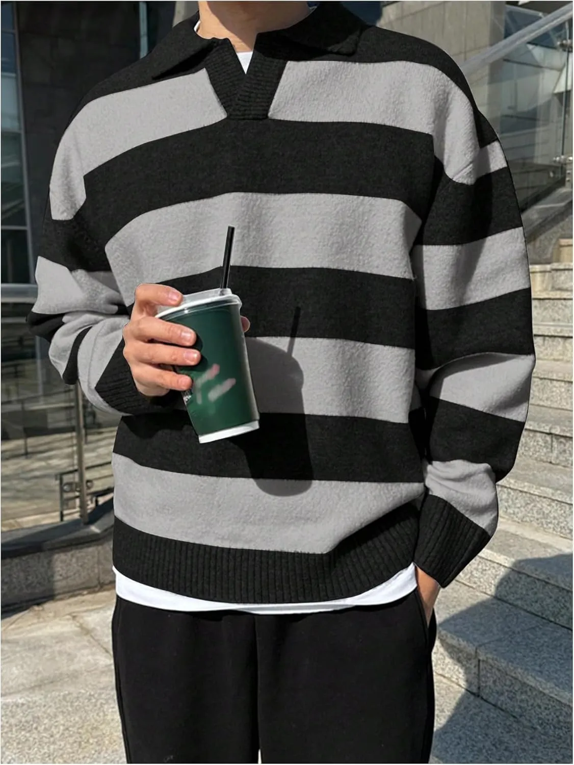 MakeMeChic Men's Striped Sweater Long Sleeve Notched Colorblock Loose Knit Pullovers