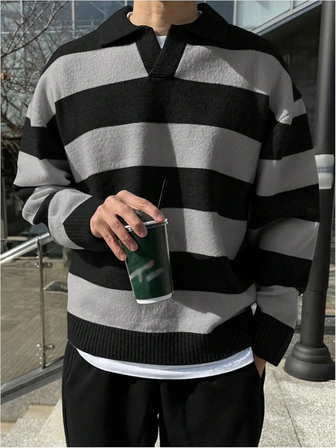 MakeMeChic Men's Striped Sweater Long Sleeve Notched Colorblock Loose Knit Pullovers