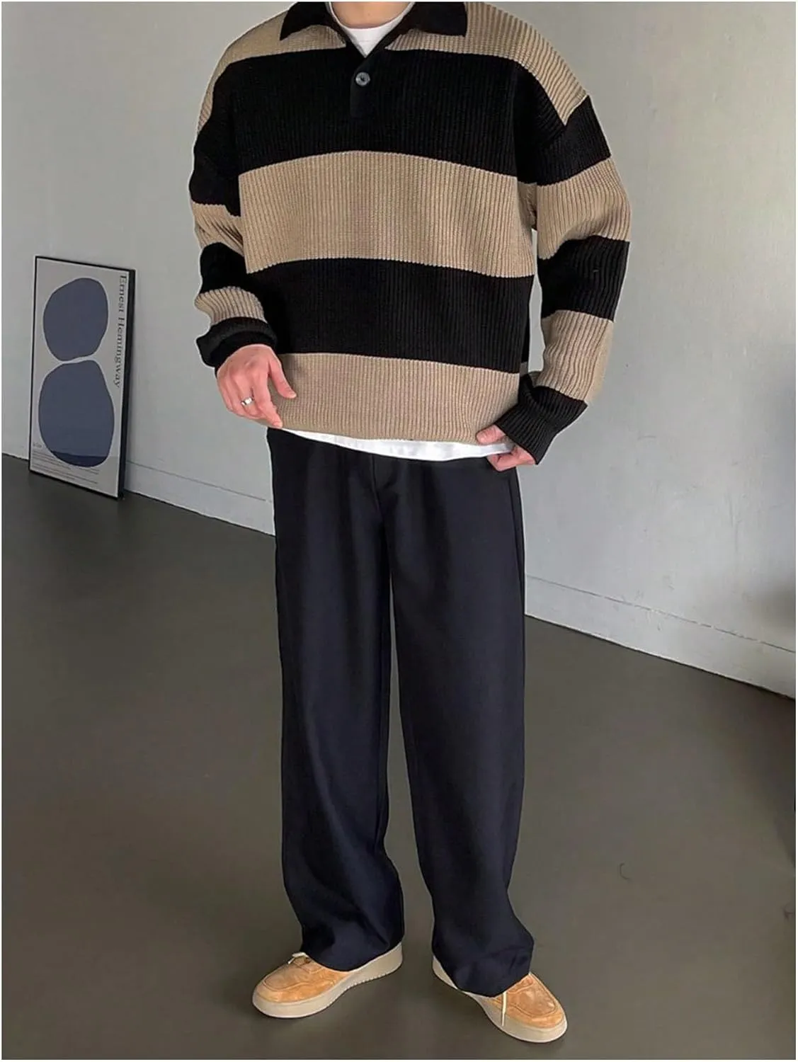MakeMeChic Men's Striped Sweater Long Sleeve Notched Colorblock Loose Knit Pullovers