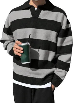 MakeMeChic Men's Striped Sweater Long Sleeve Notched Colorblock Loose Knit Pullovers