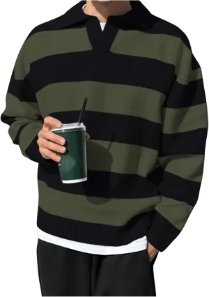 MakeMeChic Men's Striped Sweater Long Sleeve Notched Colorblock Loose Knit Pullovers
