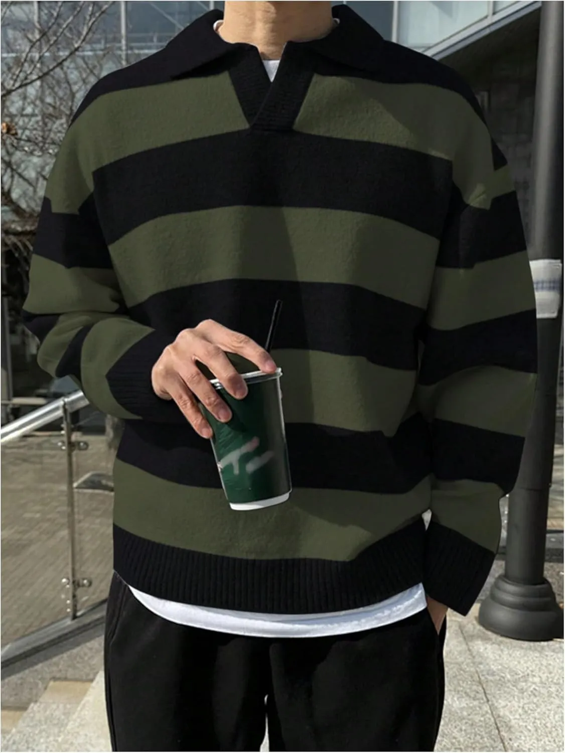 MakeMeChic Men's Striped Sweater Long Sleeve Notched Colorblock Loose Knit Pullovers