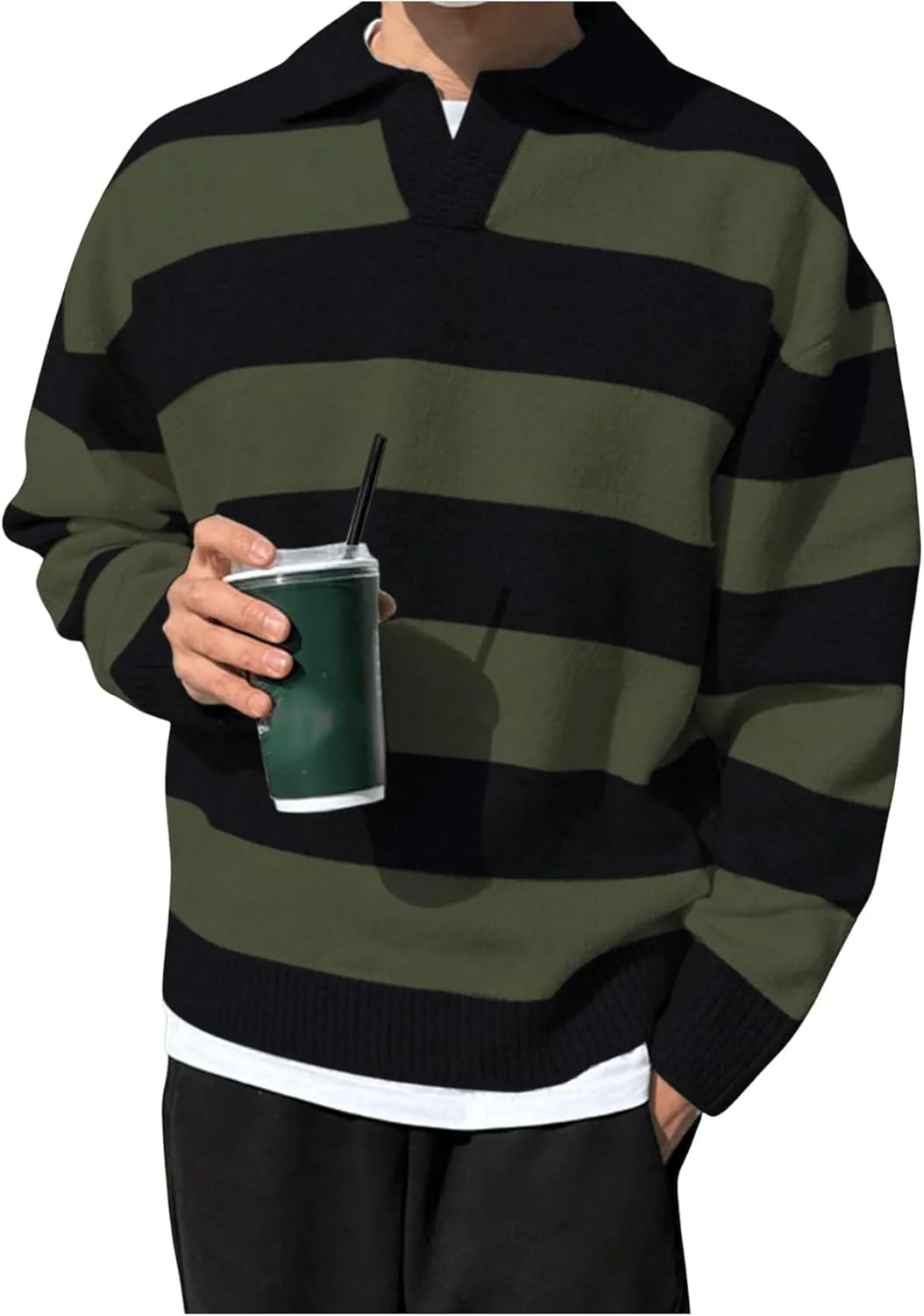 MakeMeChic Men's Striped Sweater Long Sleeve Notched Colorblock Loose Knit Pullovers
