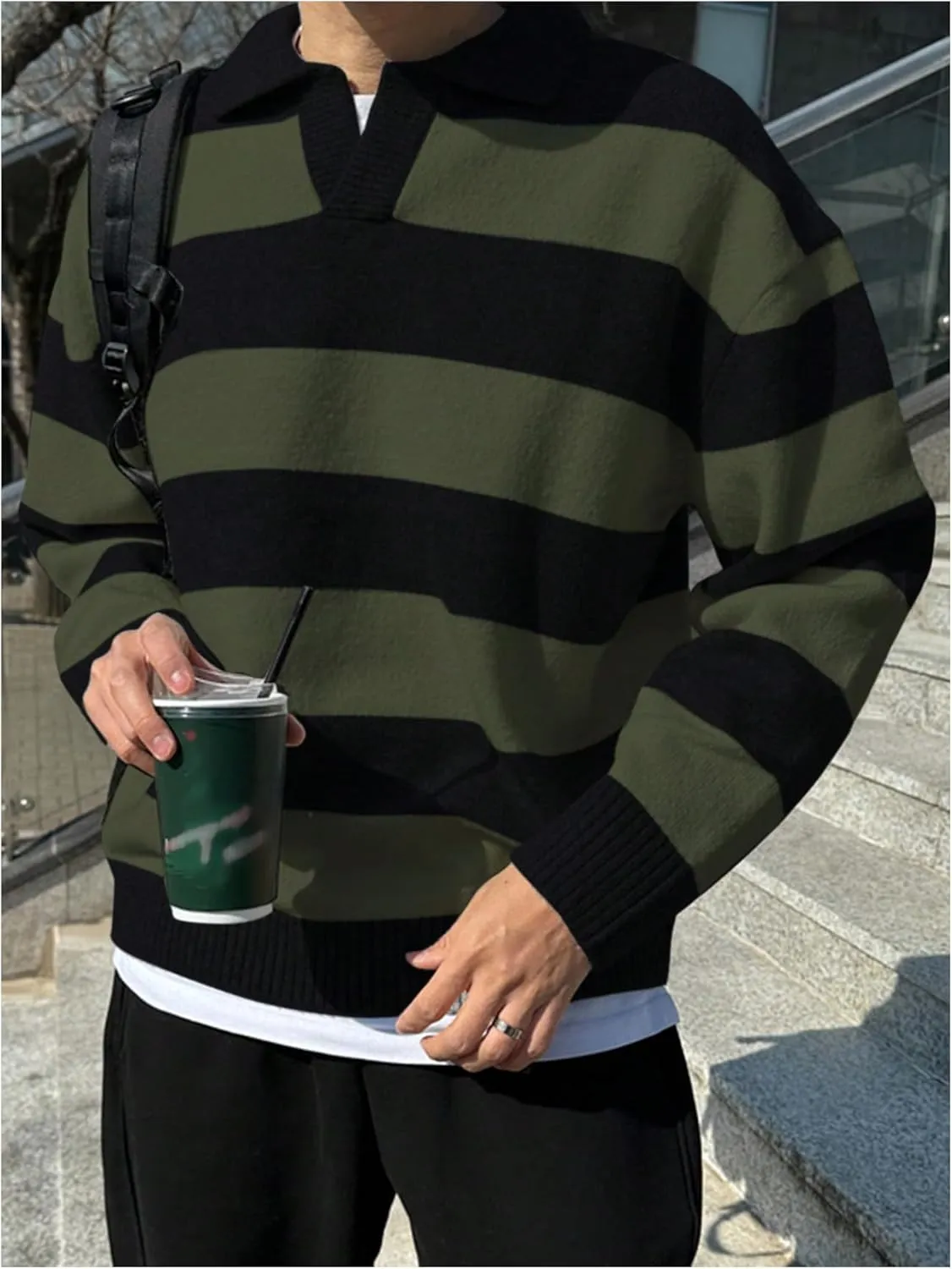 MakeMeChic Men's Striped Sweater Long Sleeve Notched Colorblock Loose Knit Pullovers