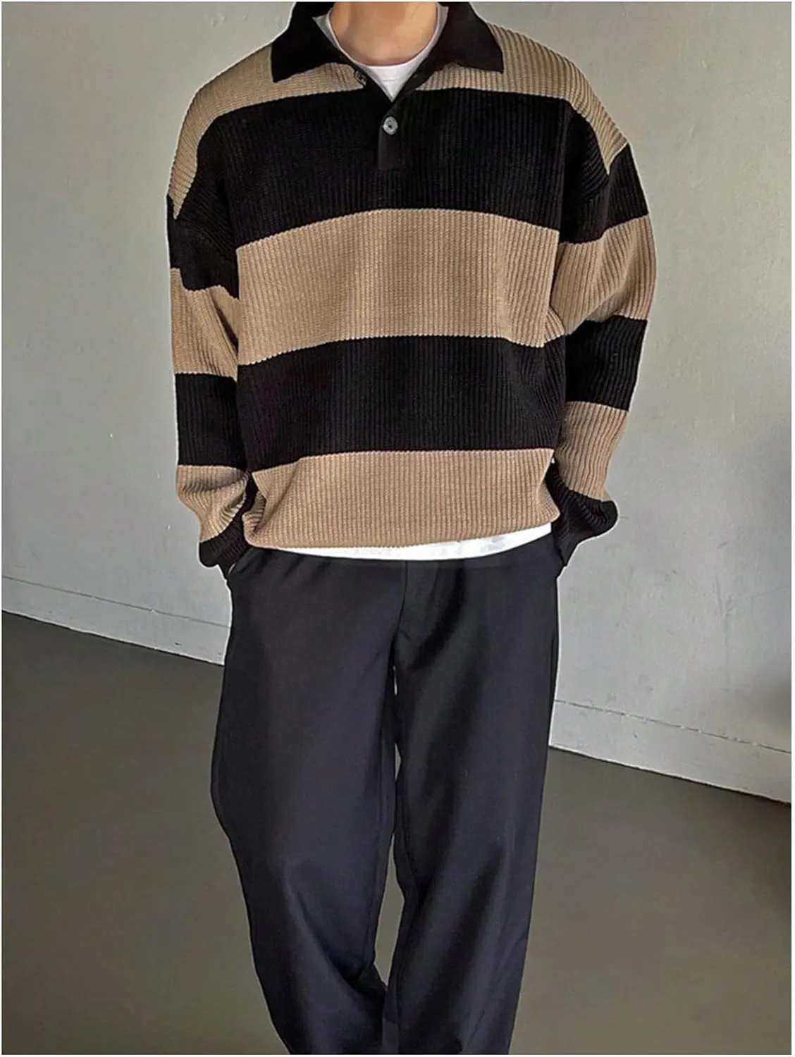 MakeMeChic Men's Striped Sweater Long Sleeve Notched Colorblock Loose Knit Pullovers