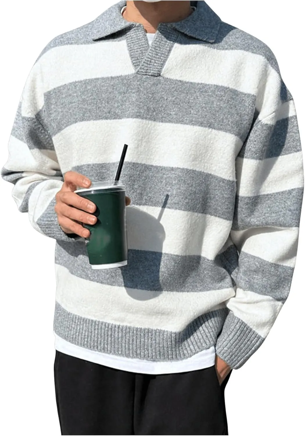 MakeMeChic Men's Striped Sweater Long Sleeve Notched Colorblock Loose Knit Pullovers