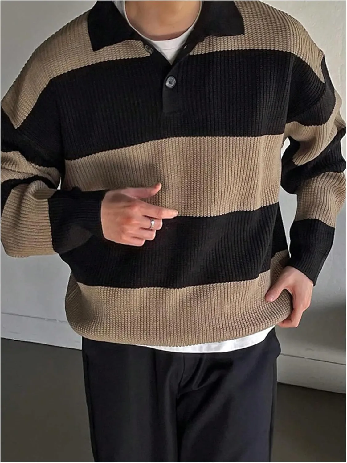 MakeMeChic Men's Striped Sweater Long Sleeve Notched Colorblock Loose Knit Pullovers
