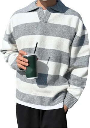 MakeMeChic Men's Striped Sweater Long Sleeve Notched Colorblock Loose Knit Pullovers