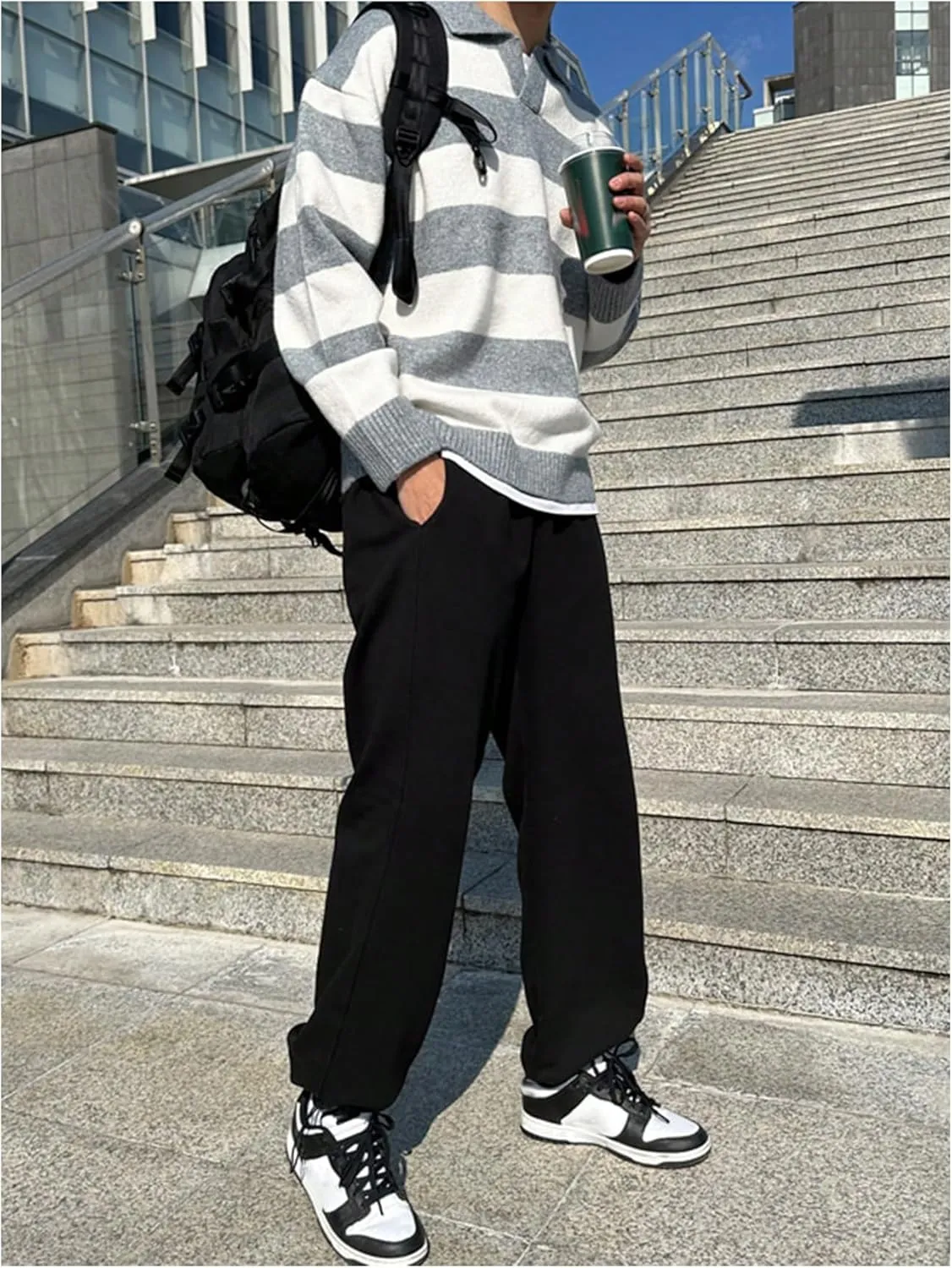 MakeMeChic Men's Striped Sweater Long Sleeve Notched Colorblock Loose Knit Pullovers