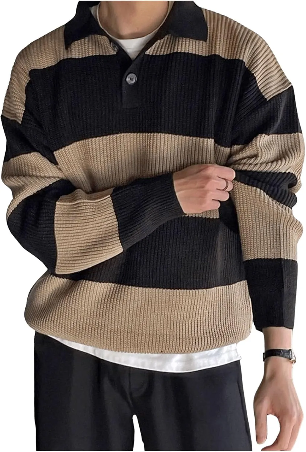 MakeMeChic Men's Striped Sweater Long Sleeve Notched Colorblock Loose Knit Pullovers