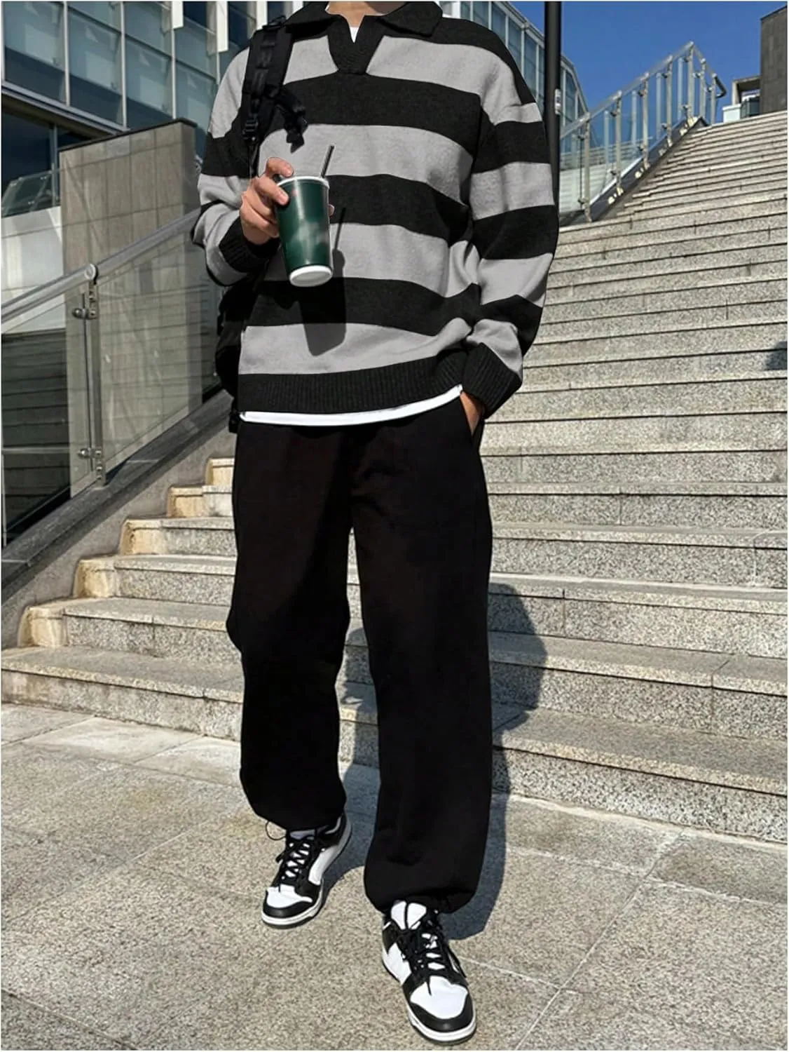 MakeMeChic Men's Striped Sweater Long Sleeve Notched Colorblock Loose Knit Pullovers