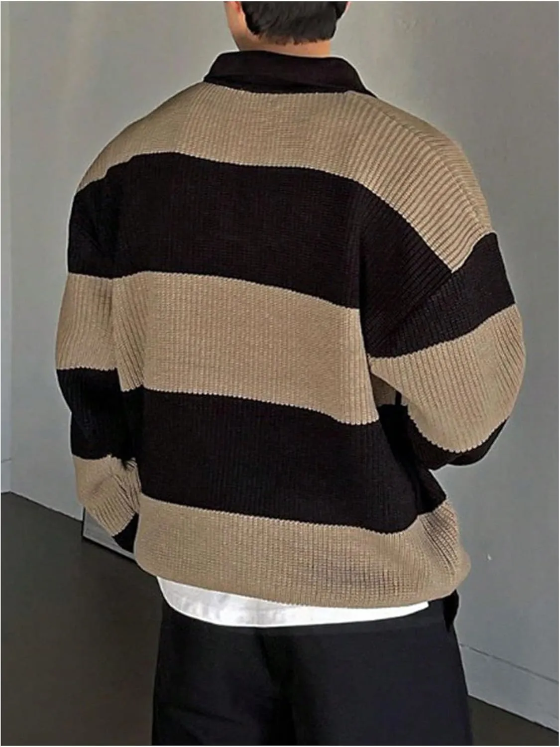 MakeMeChic Men's Striped Sweater Long Sleeve Notched Colorblock Loose Knit Pullovers