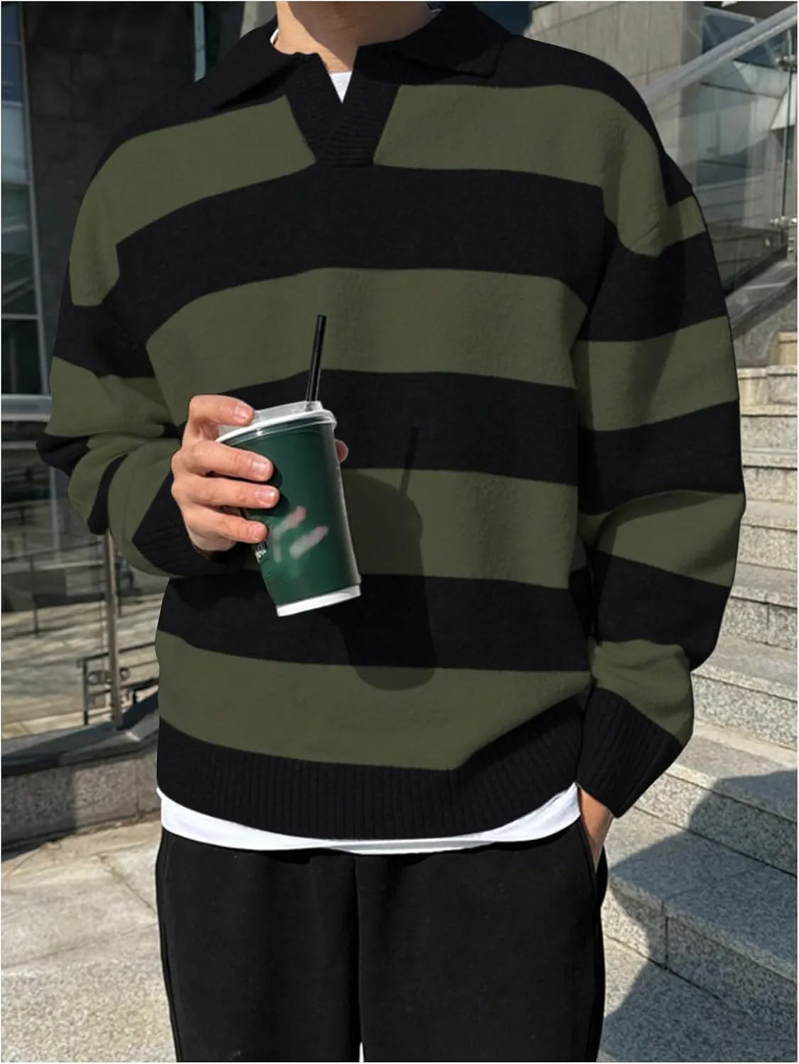 MakeMeChic Men's Striped Sweater Long Sleeve Notched Colorblock Loose Knit Pullovers
