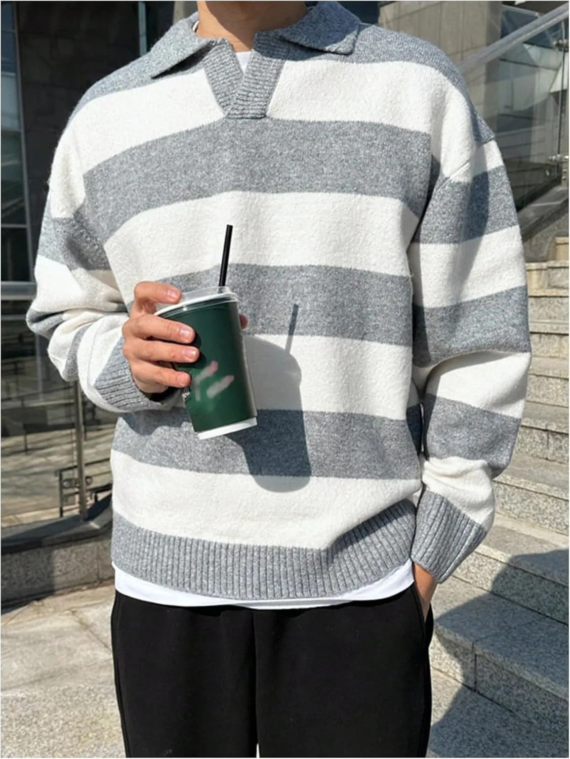 MakeMeChic Men's Striped Sweater Long Sleeve Notched Colorblock Loose Knit Pullovers