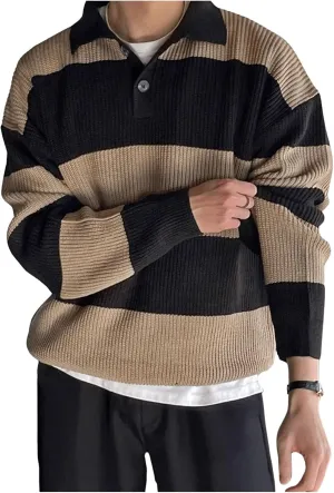 MakeMeChic Men's Striped Sweater Long Sleeve Notched Colorblock Loose Knit Pullovers
