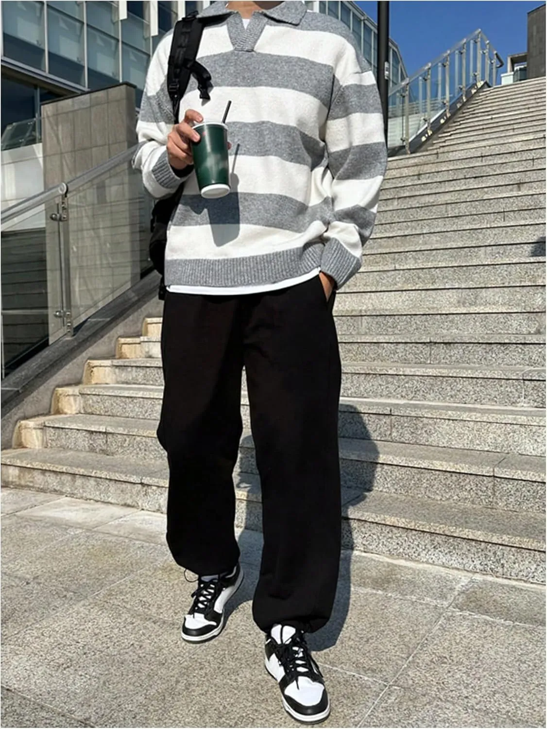 MakeMeChic Men's Striped Sweater Long Sleeve Notched Colorblock Loose Knit Pullovers