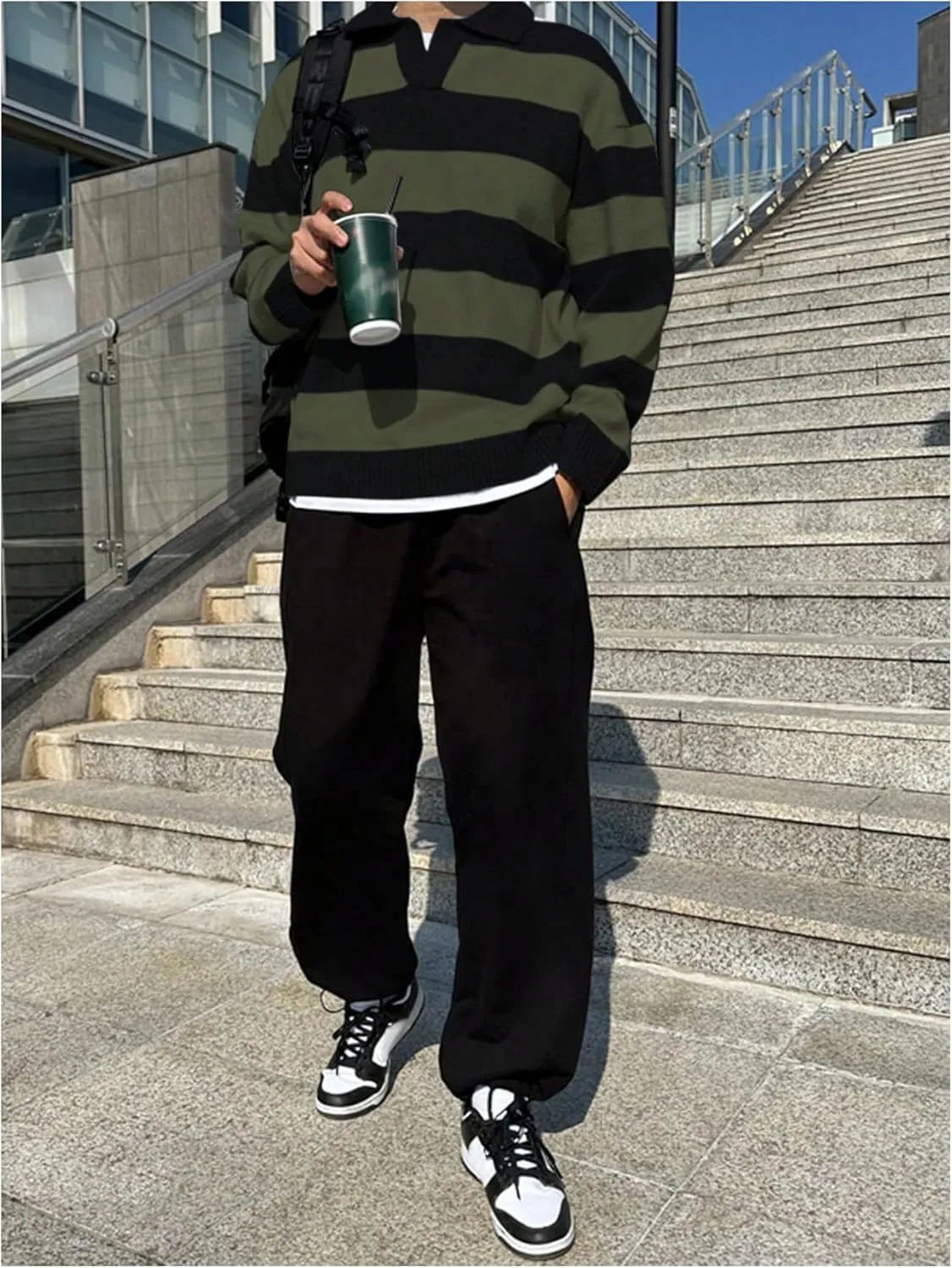 MakeMeChic Men's Striped Sweater Long Sleeve Notched Colorblock Loose Knit Pullovers