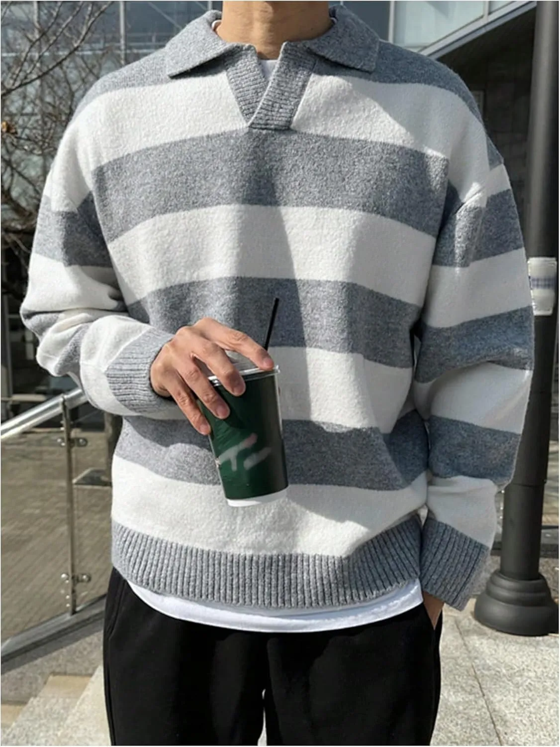 MakeMeChic Men's Striped Sweater Long Sleeve Notched Colorblock Loose Knit Pullovers