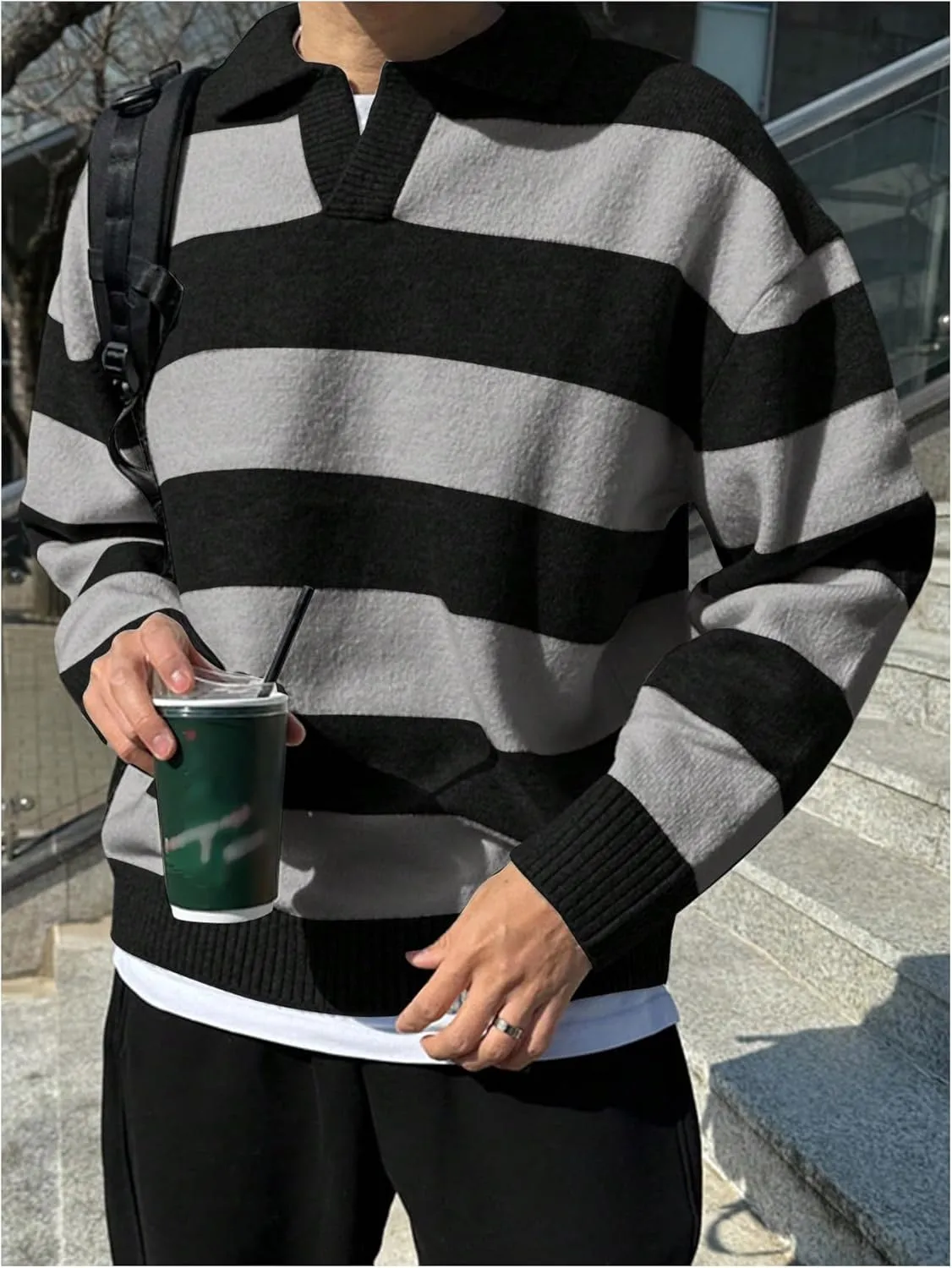 MakeMeChic Men's Striped Sweater Long Sleeve Notched Colorblock Loose Knit Pullovers