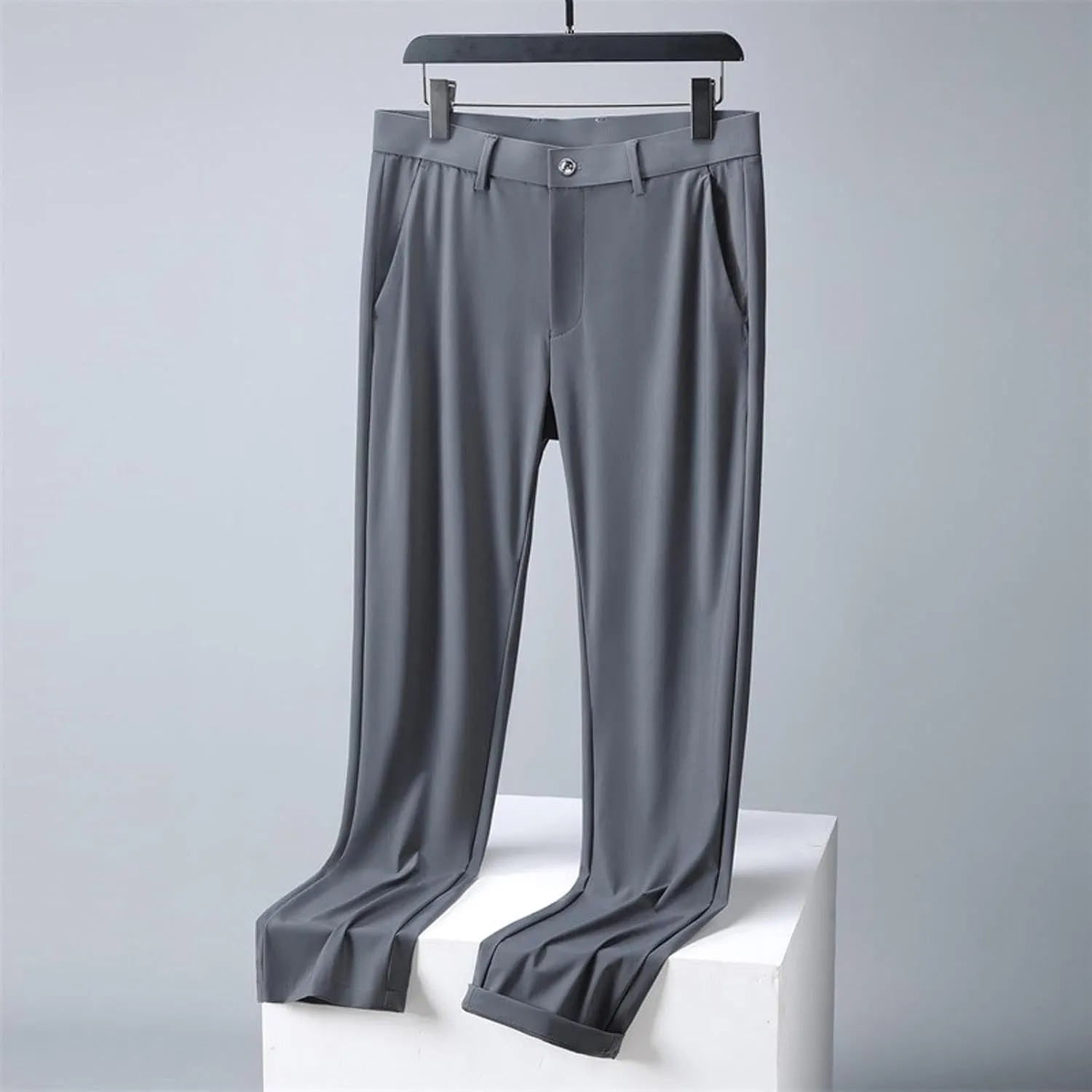 Men Ice Silk Suit Pants Dress Pants Regular Fit Formal Trousers Stretch Chino Trouser Lightweight Casual Business Pant