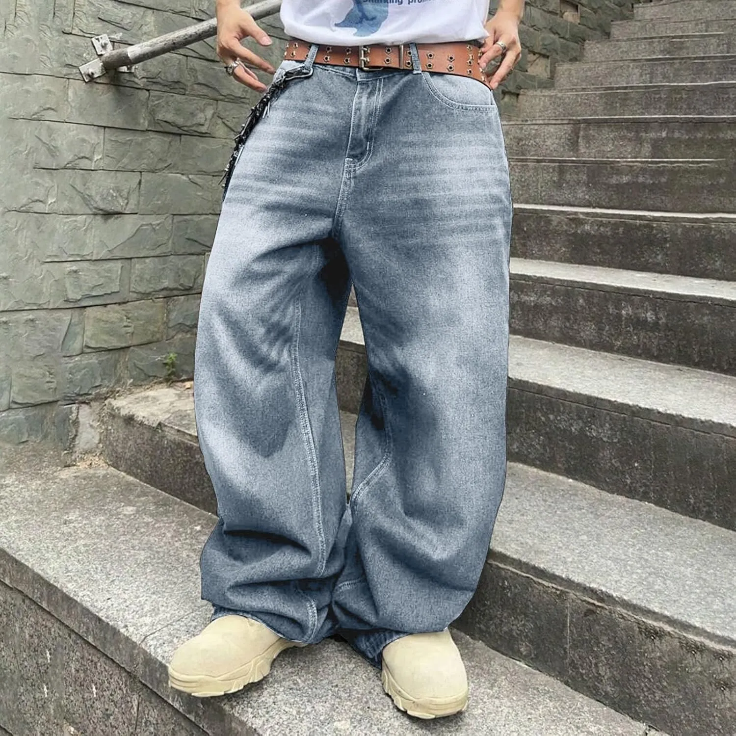 Mens Baggy Jeans Vintage Grunge Straight Leg High Waist Jean Harajuku Hip Hop Casual Trendy Y2k Streetwear Denim Pant