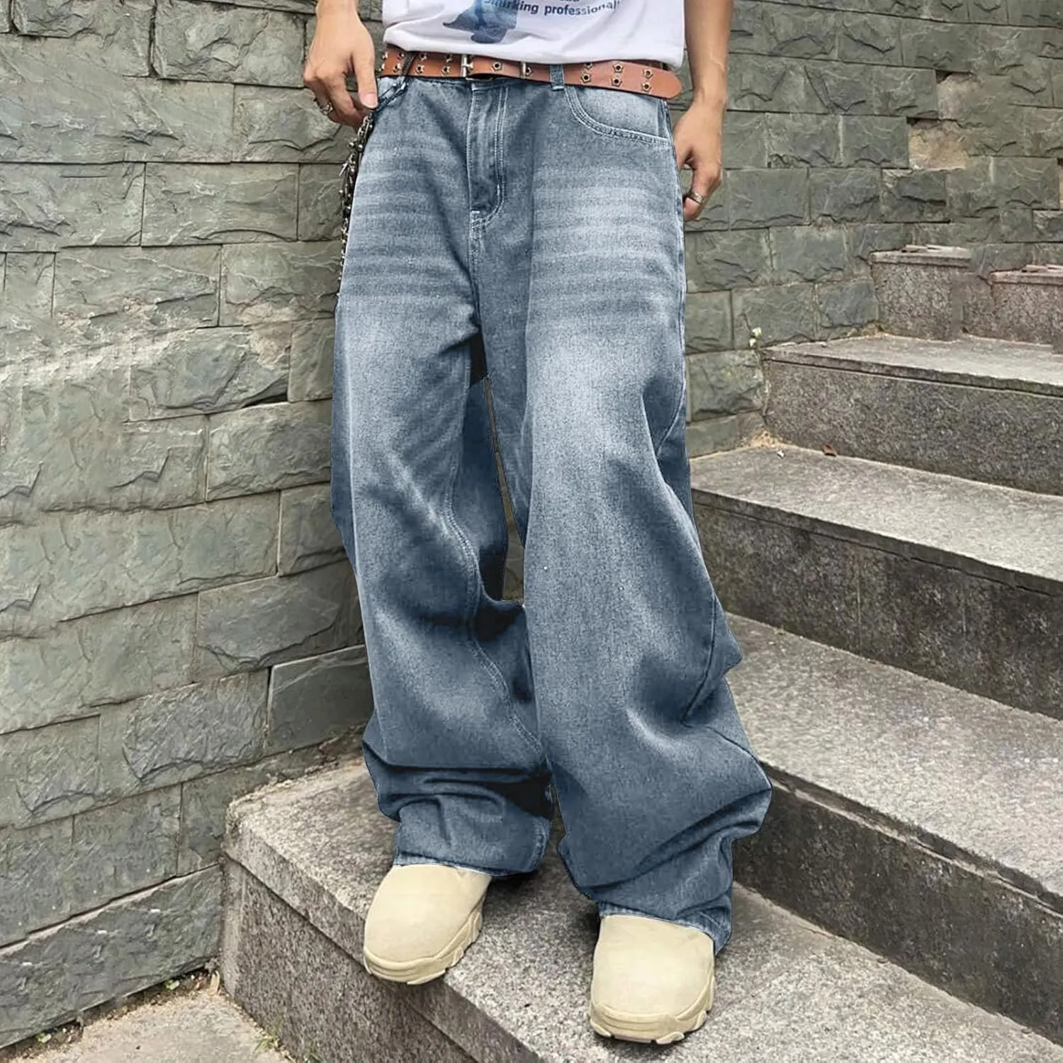 Mens Baggy Jeans Vintage Grunge Straight Leg High Waist Jean Harajuku Hip Hop Casual Trendy Y2k Streetwear Denim Pant