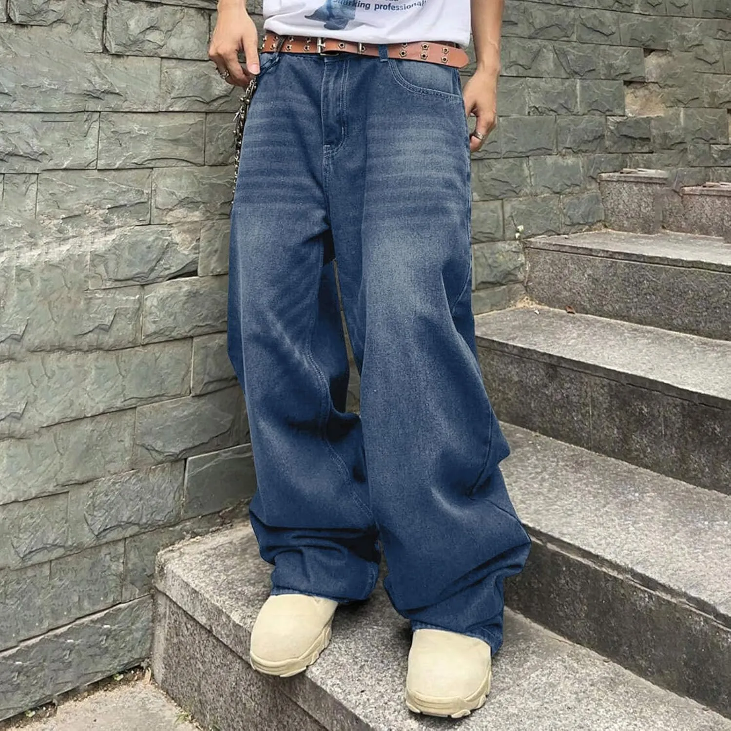 Mens Baggy Jeans Vintage Grunge Straight Leg High Waist Jean Harajuku Hip Hop Casual Trendy Y2k Streetwear Denim Pant