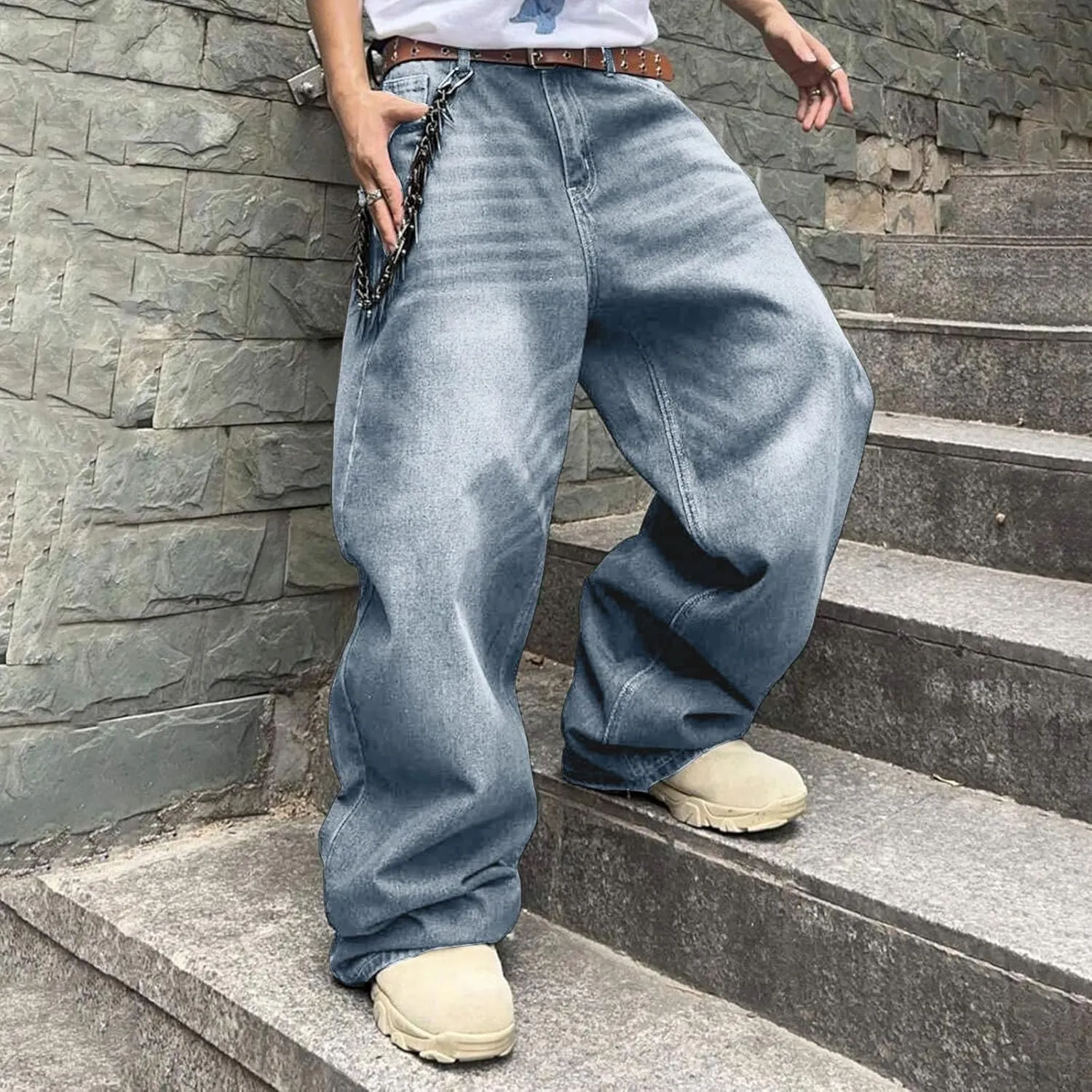 Mens Baggy Jeans Vintage Grunge Straight Leg High Waist Jean Harajuku Hip Hop Casual Trendy Y2k Streetwear Denim Pant