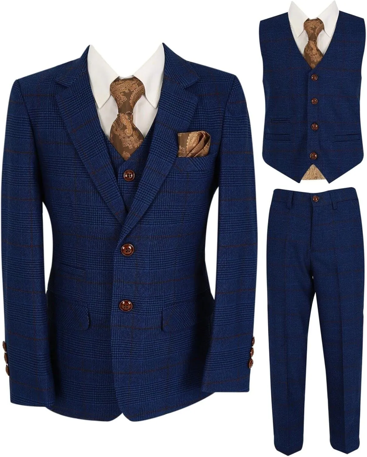 Mens Boys Plaid Check Tailored Fit Royal Blue Suit Pageboy Formal Business Wedding 3 Piece Set