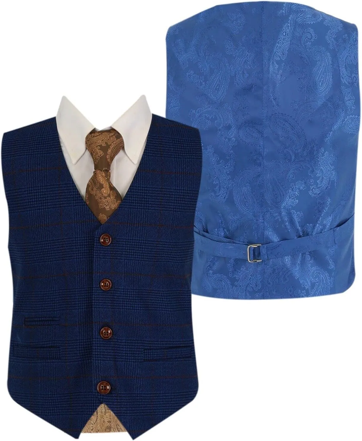 Mens Boys Plaid Check Tailored Fit Royal Blue Suit Pageboy Formal Business Wedding 3 Piece Set