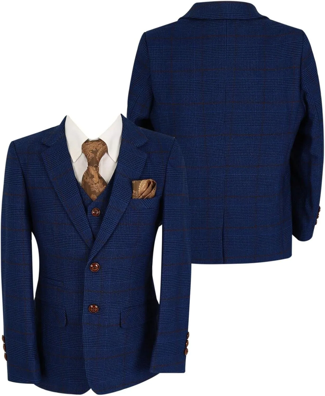 Mens Boys Plaid Check Tailored Fit Royal Blue Suit Pageboy Formal Business Wedding 3 Piece Set