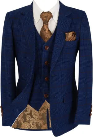 Mens Boys Plaid Check Tailored Fit Royal Blue Suit Pageboy Formal Business Wedding 3 Piece Set