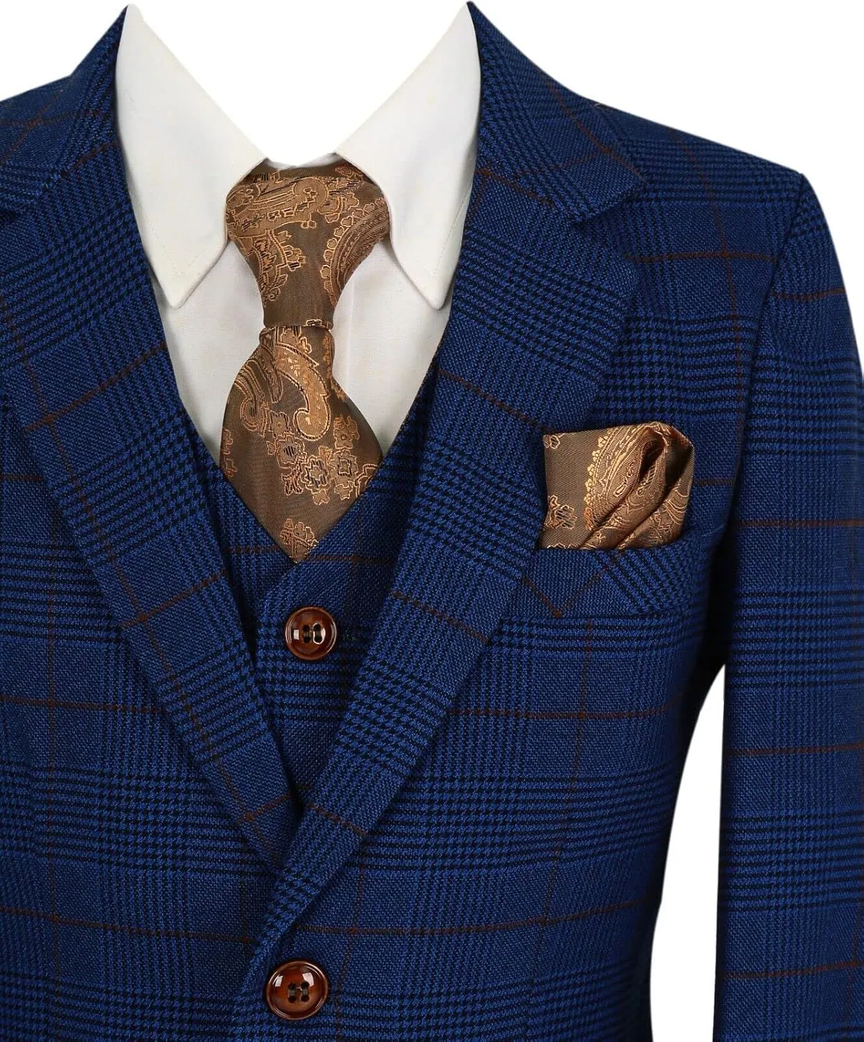 Mens Boys Plaid Check Tailored Fit Royal Blue Suit Pageboy Formal Business Wedding 3 Piece Set